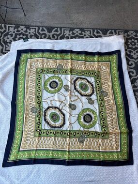 Talbots Green Navy & Gold Decorative Silk Scarf